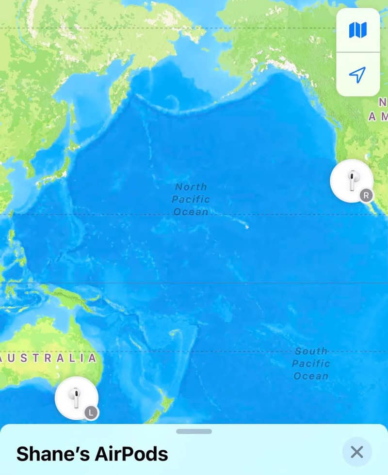 Map showing Shane's AirPods location in the Pacific Ocean.